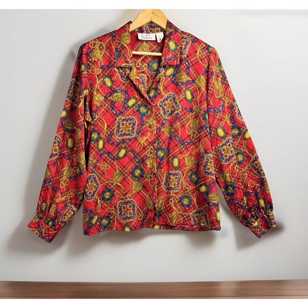 Vintage Blouse Red Pattern Size 16 Plaid Tassel Chain Classic Equestrian Button
